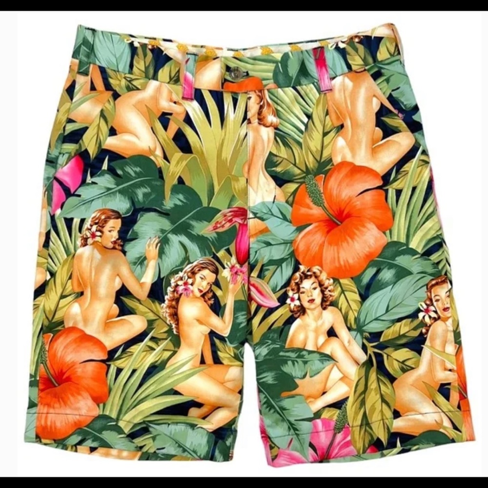 Loudmouth Tropical Pinup Floral Flat Front Shorts - Green, Orange, Pink, Yellow